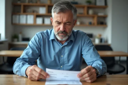 Homme d'âge moyen examinant sa fiche de paie dans un espace de pause
