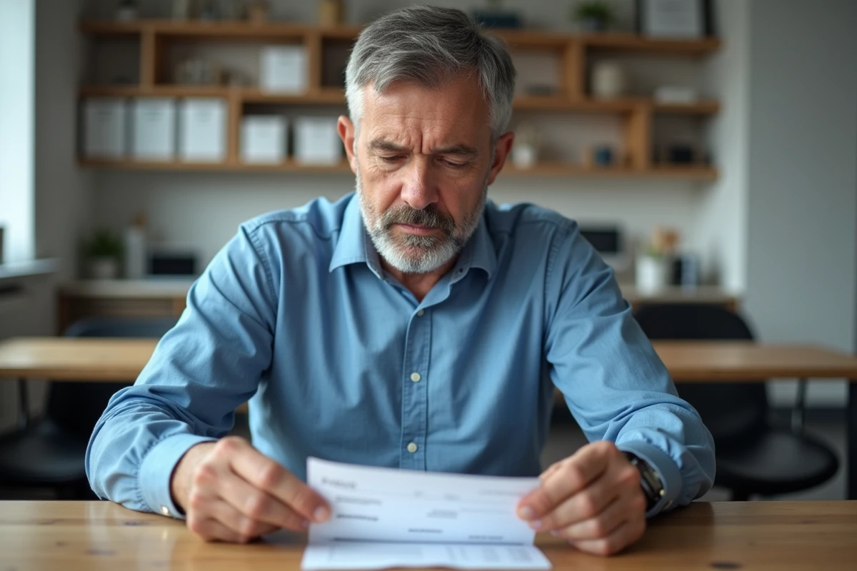 Homme d'âge moyen examinant sa fiche de paie dans un espace de pause