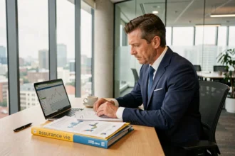 Un homme en costume marine compare des documents sur les SCPI en compte-titres et en assurance vie dans un bureau moderne