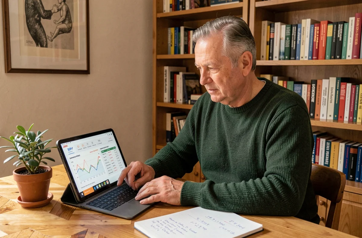 Un homme à domicile consulte sur tablette les performances comparées de SCPI en compte-titres et en assurance vie