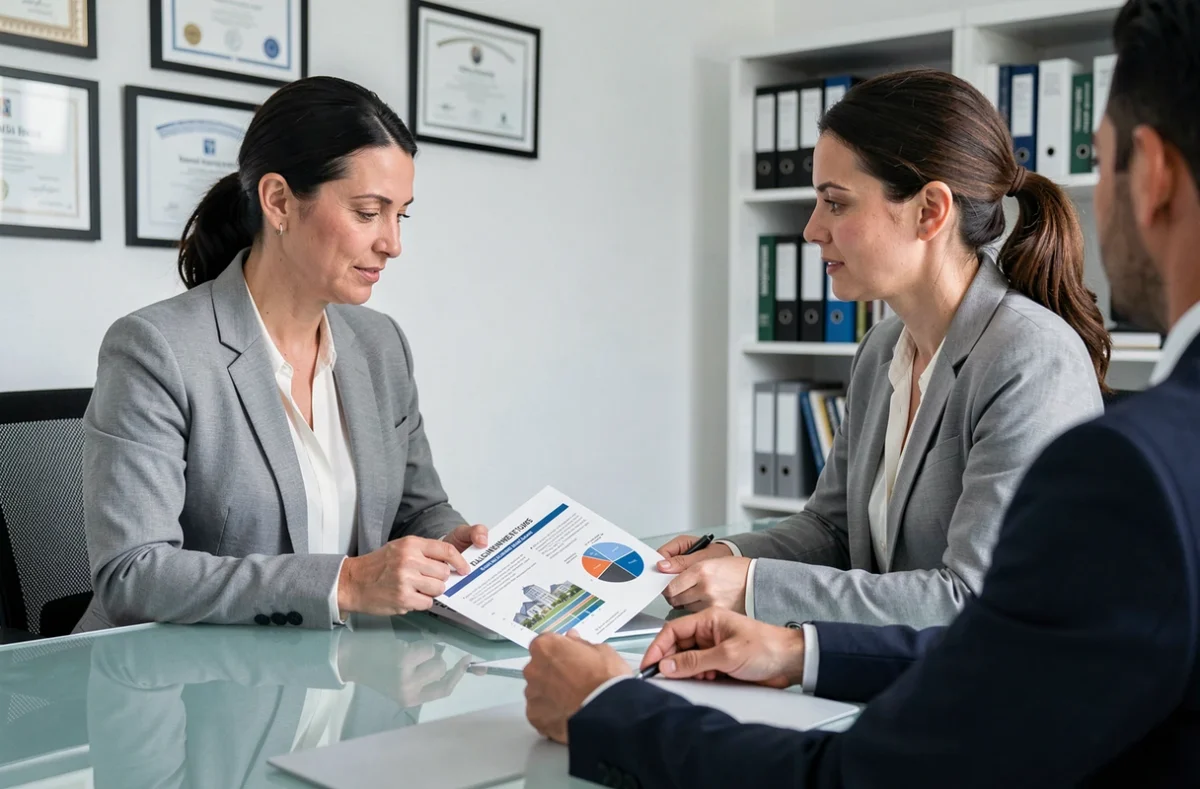 Une femme discute avec un conseiller financier d'un investissement en SCPI via assurance vie ou compte-titres