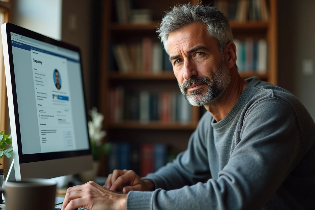 Homme d'âge mûr vérifiant les paramètres de sécurité de son profil sur un ordinateur de bureau à domicile