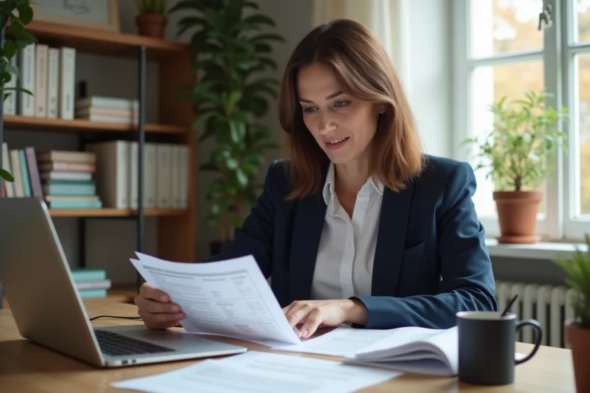 Femme consultant un simulateur d'impôt sur le revenu sur ordinateur portable avec des documents fiscaux sur son bureau à domicile