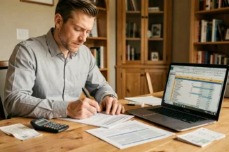 Homme calculant ses frais kilométriques réels sur des formulaires fiscaux avec un ordinateur portable et des reçus d'essence sur un bureau en bois