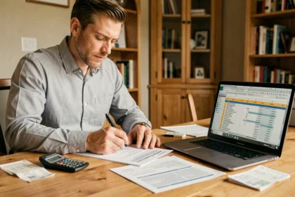 Homme calculant ses frais kilométriques réels sur des formulaires fiscaux avec un ordinateur portable et des reçus d'essence sur un bureau en bois