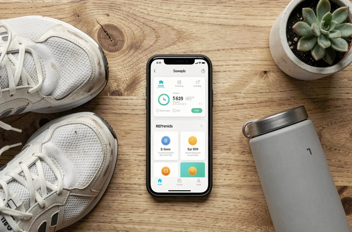 Smartphone affichant une application de marche rémunérée posé à côté de chaussures de sport sur une table en bois