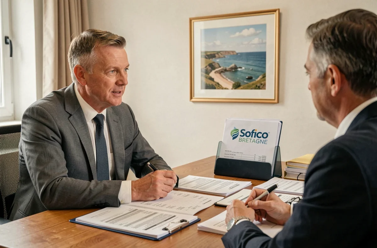 Expert-comptable de Sofico Bretagne en consultation avec un entrepreneur local dans une agence du Morbihan