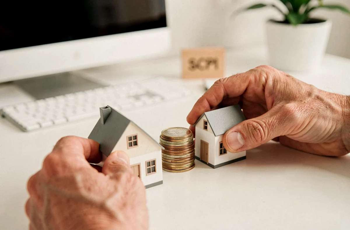Maquettes immobilières et pièces de monnaie symbolisant le choix entre crédit et comptant pour investir en SCPI