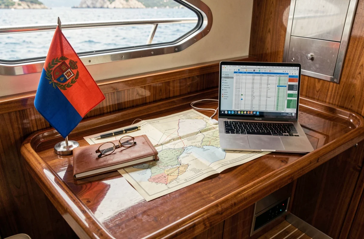 Table de navigation d'un yacht privé avec pavillon andorran, cartes maritimes et documents financiers, symbolisant la domiciliation fiscale en Andorre