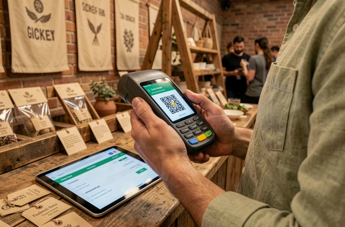 Mains tenant un terminal de paiement blockchain sans contact dans une boutique artisanale, illustrant les paiements rapides pour le commerce en ligne