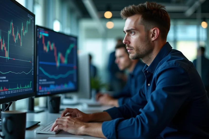 Trader analysant les signaux techniques de l'action CMA CGM sur des écrans de trading multi-moniteurs