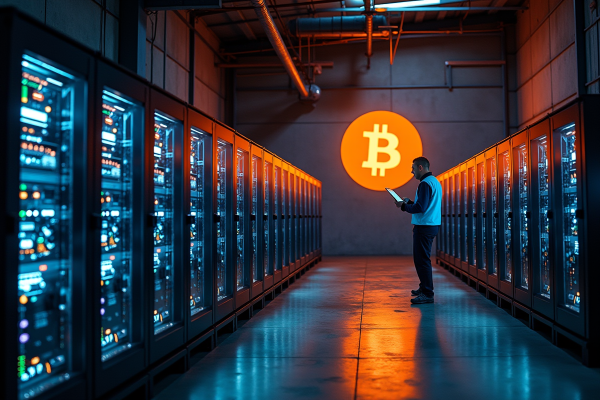 Raffinerie industrielle avec rigs de minage Bitcoin et technicien