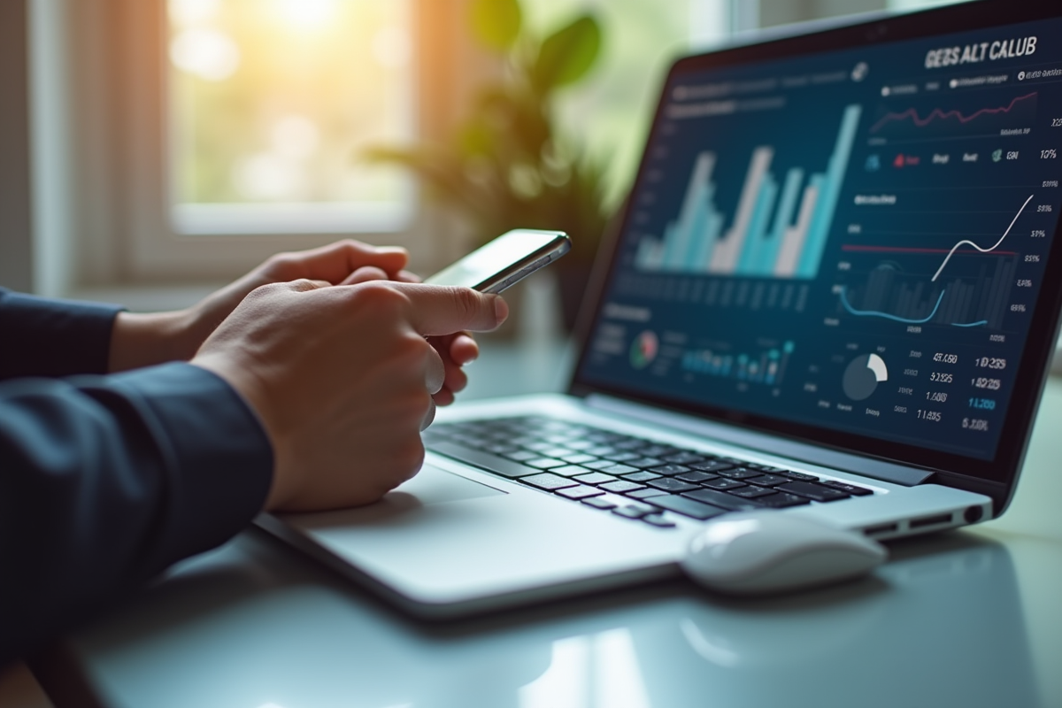 Main utilisant smartphone et ordinateur portable en environnement tech