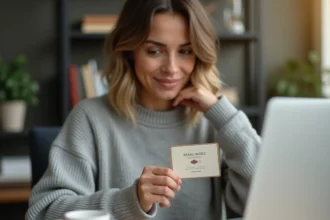 Femme vérifiant le solde de sa carte Ticket Kadéos Infini sur un ordinateur portable à son bureau