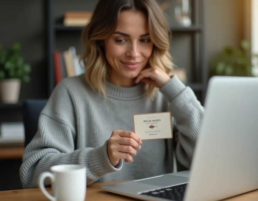 Femme vérifiant le solde de sa carte Ticket Kadéos Infini sur un ordinateur portable à son bureau