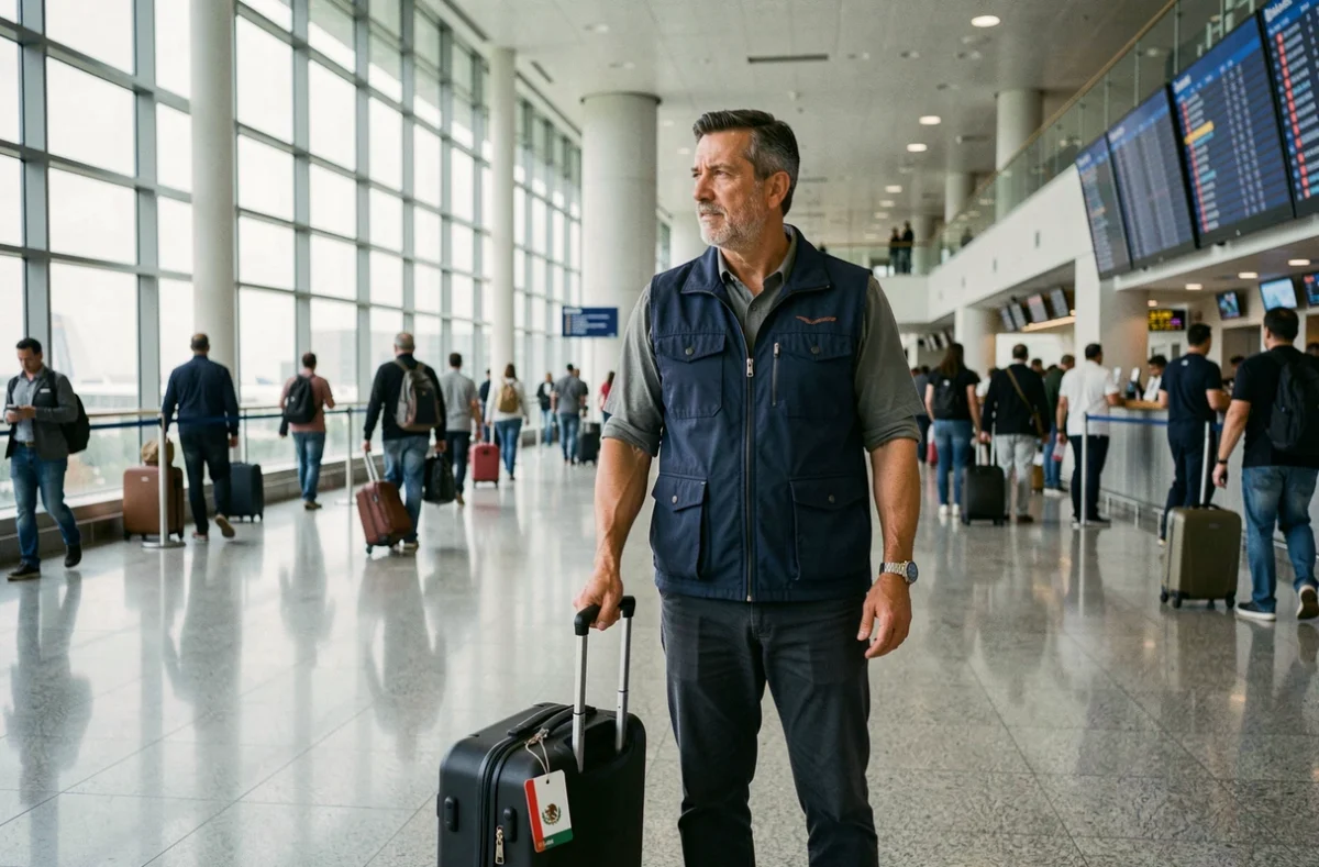Voyageur à l'aéroport prêt à partir au Mexique avec sa valise, panneau des départs en arrière-plan