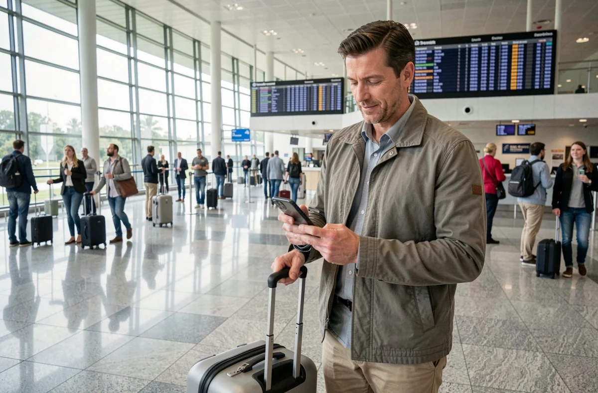 Voyageur consultant une application de mutuelle internationale sur son téléphone dans un aéroport