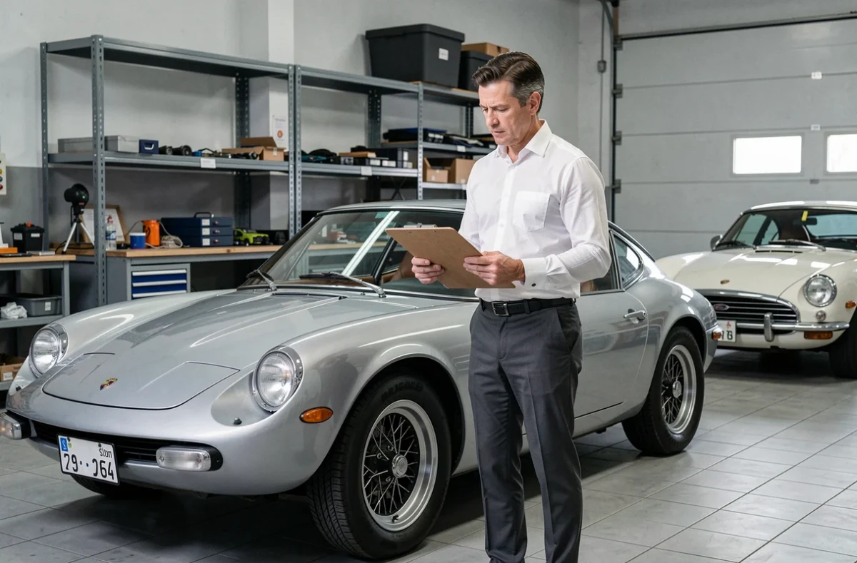 Courtier de Zénith Assurances inspectant un véhicule de collection dans un garage lors d'une expertise d'assurance auto spécifique